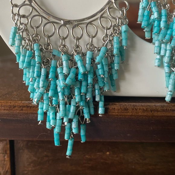 Turquoise gem stone beads. Chain link hoop earrings. - Picture 3 of 3